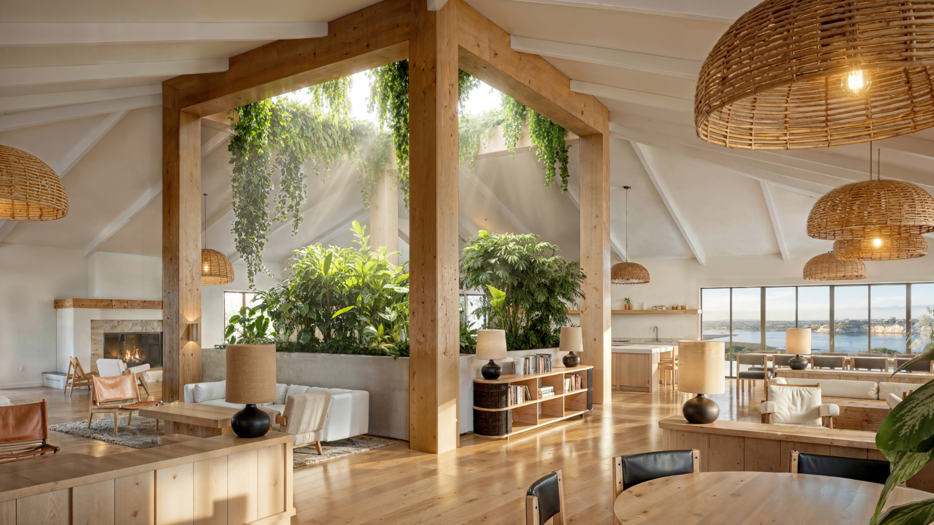 Park Newport reimagined clubhouse interior featuring vaulted wood beam ceilings, lush tropical greenery, woven rattan pendant lights, and open-plan lounge and dining spaces.