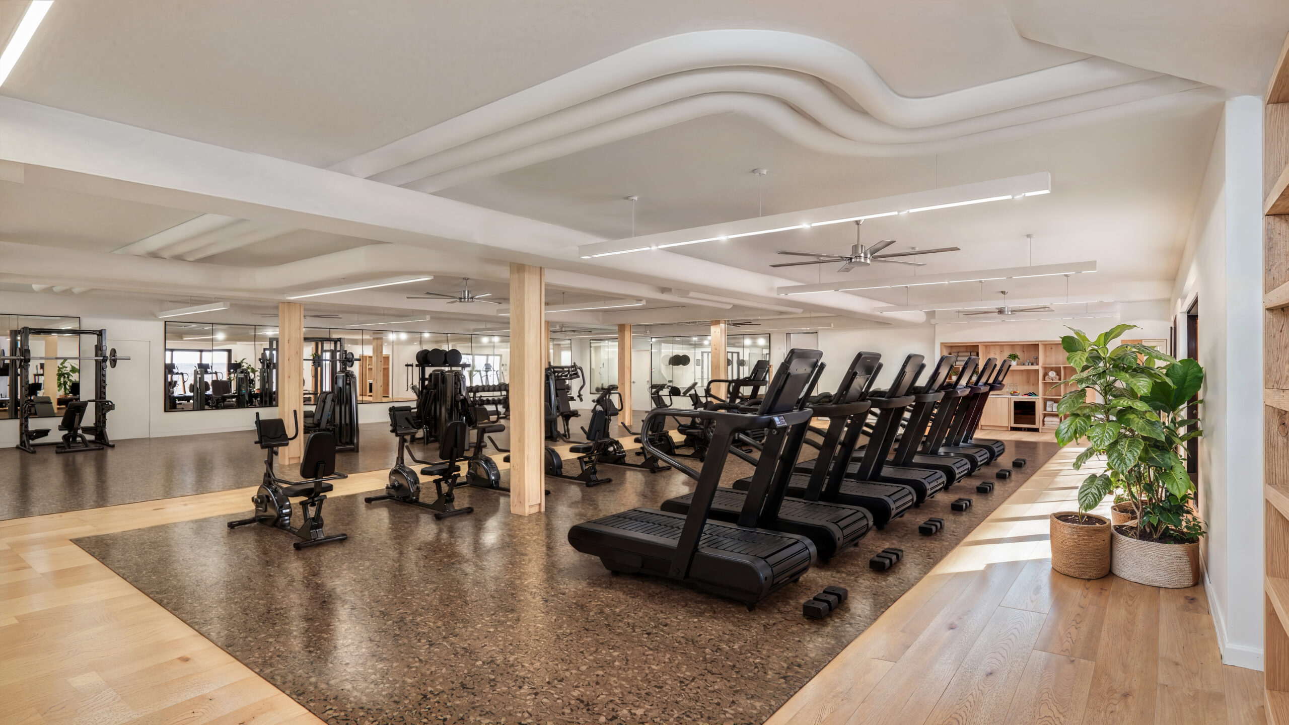 Modern gym with treadmills, cardio machines, mirrored walls, and warm wood and stone finishes.