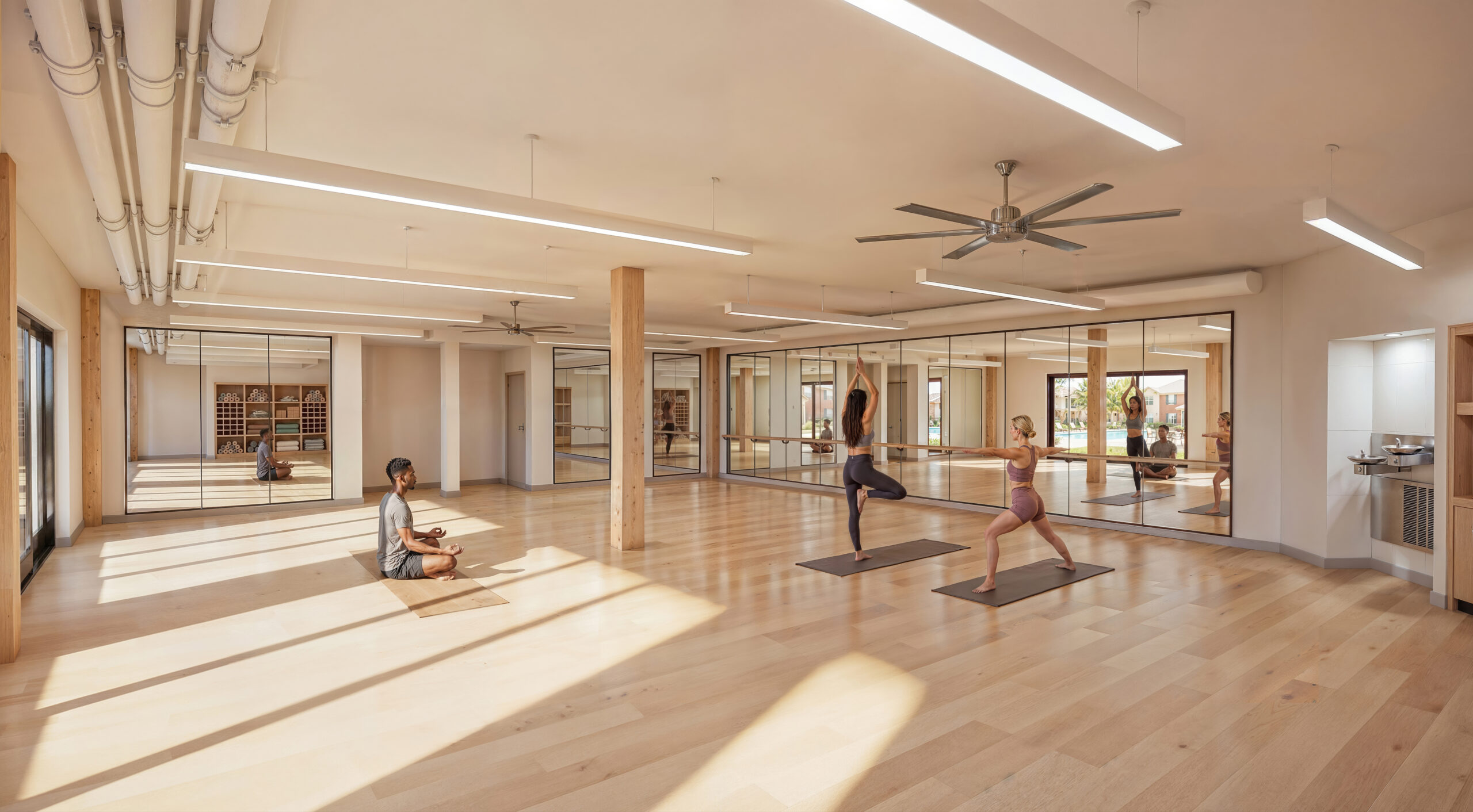 Bright yoga and wellness studio with wood floors, mirrored walls, and people practicing yoga.