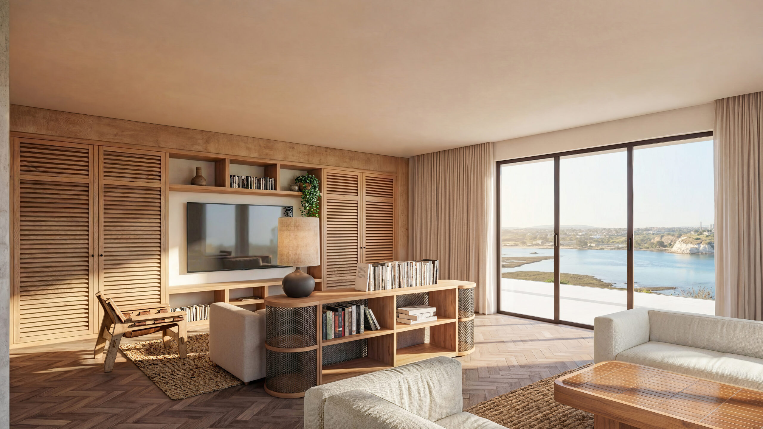 Modern lounge with wood cabinetry, built-in shelving, seating area, and large sliding doors overlooking coastal water views.
