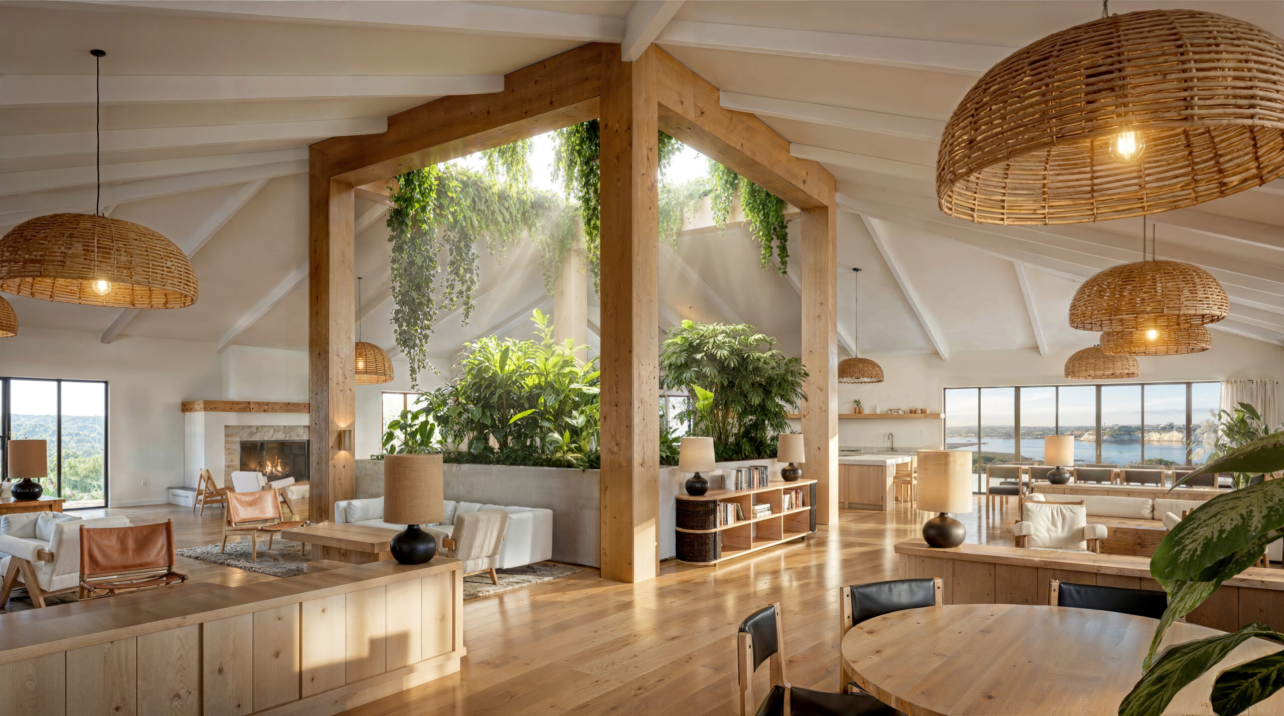 Park Newport reimagined clubhouse interior featuring vaulted wood beam ceilings, lush tropical greenery, woven rattan pendant lights, and open-plan lounge and dining spaces.
