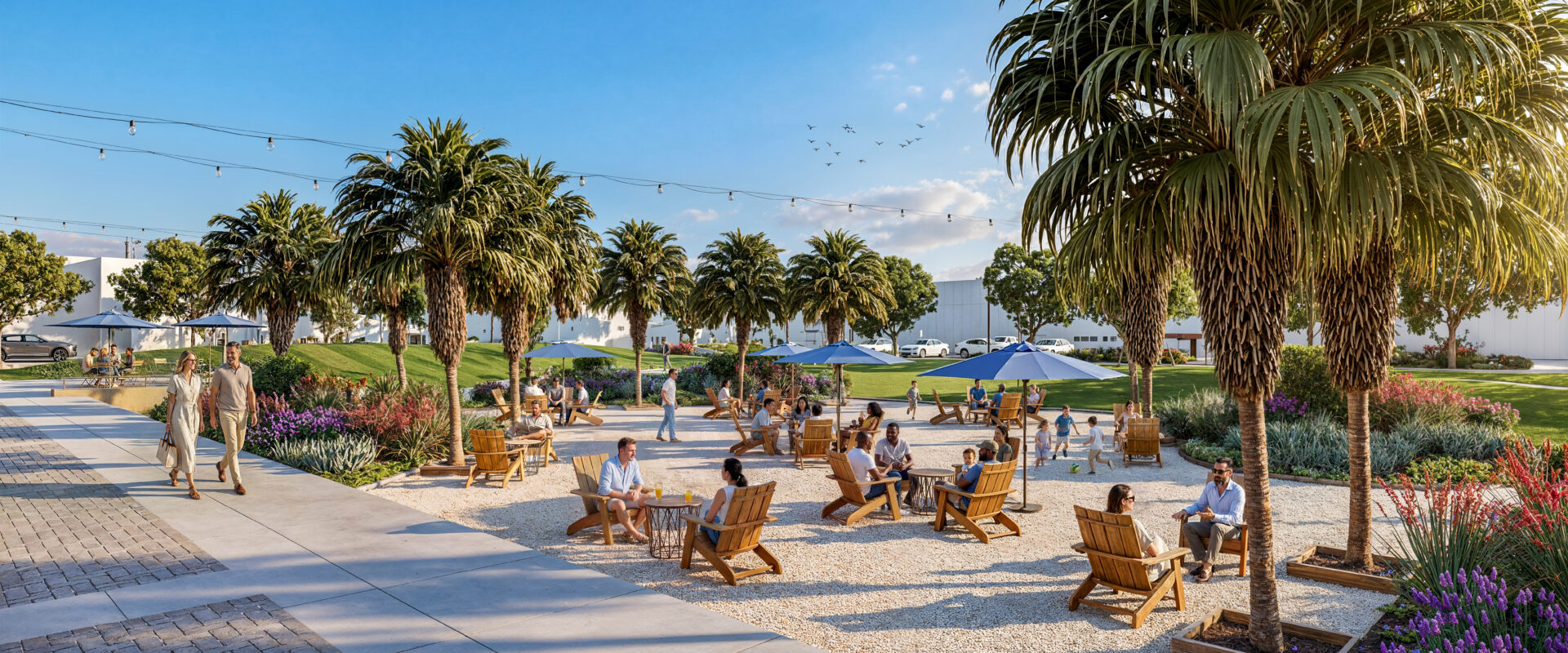 Architectural rendering of Park Newport's The Ramble outdoor seating area with residents relaxing around a fire pit nestled among lavender, ornamental grasses, and striking red-barked manzanita trees at golden hour