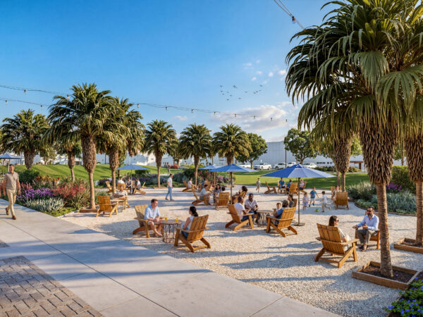Architectural rendering of Park Newport's The Ramble outdoor seating area with residents relaxing around a fire pit nestled among lavender, ornamental grasses, and striking red-barked manzanita trees at golden hour