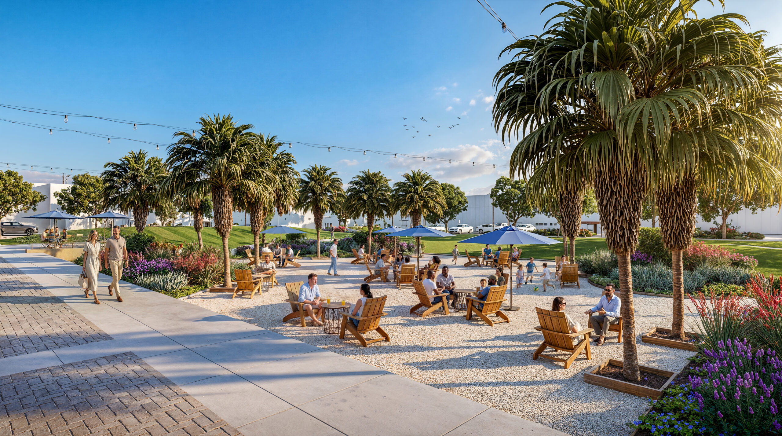 Architectural rendering of Park Newport's The Ramble outdoor seating area with residents relaxing around a fire pit nestled among lavender, ornamental grasses, and striking red-barked manzanita trees at golden hour