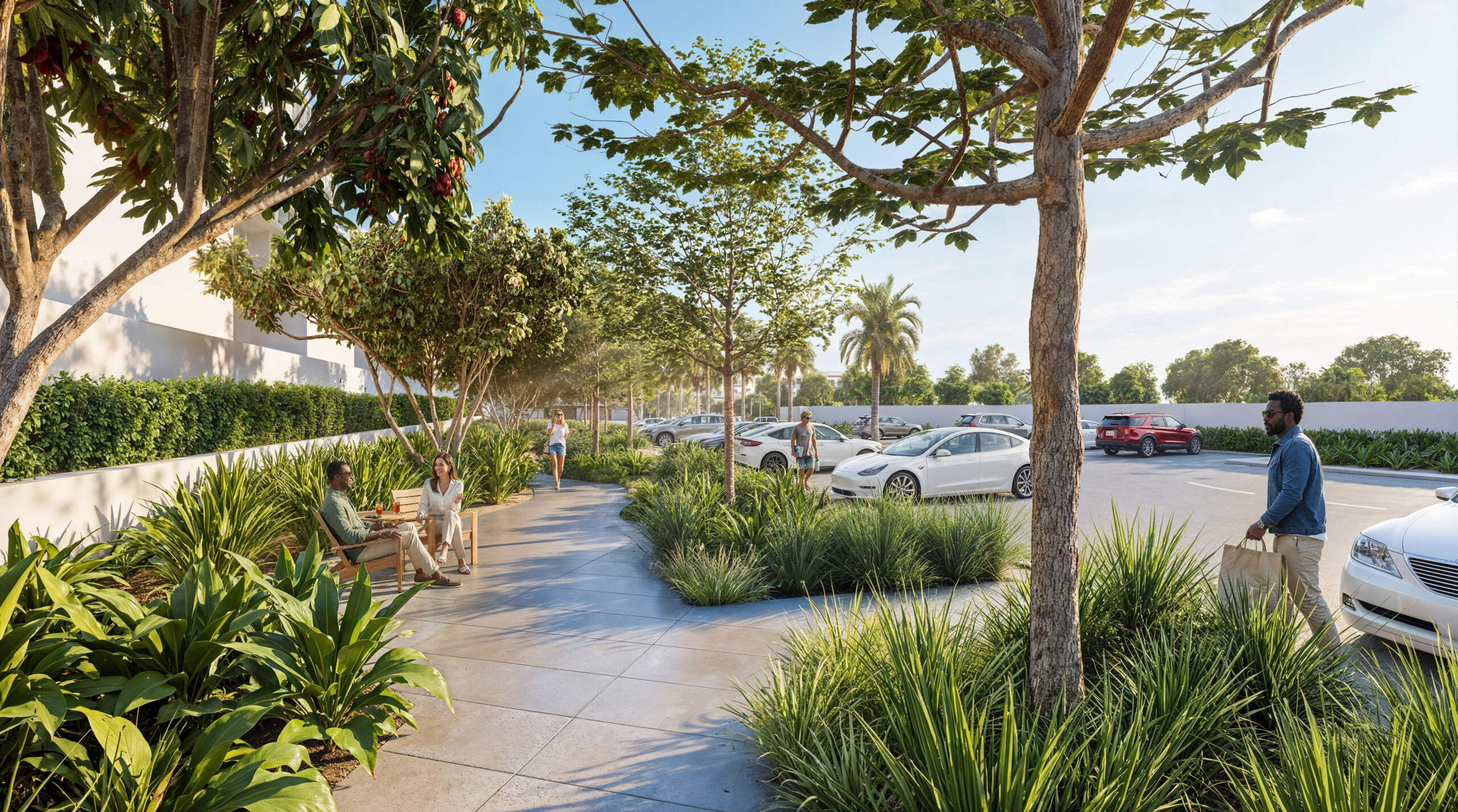 Residents relax on a bench along a landscaped garden walkway lined with trees and greenery in a residential community.