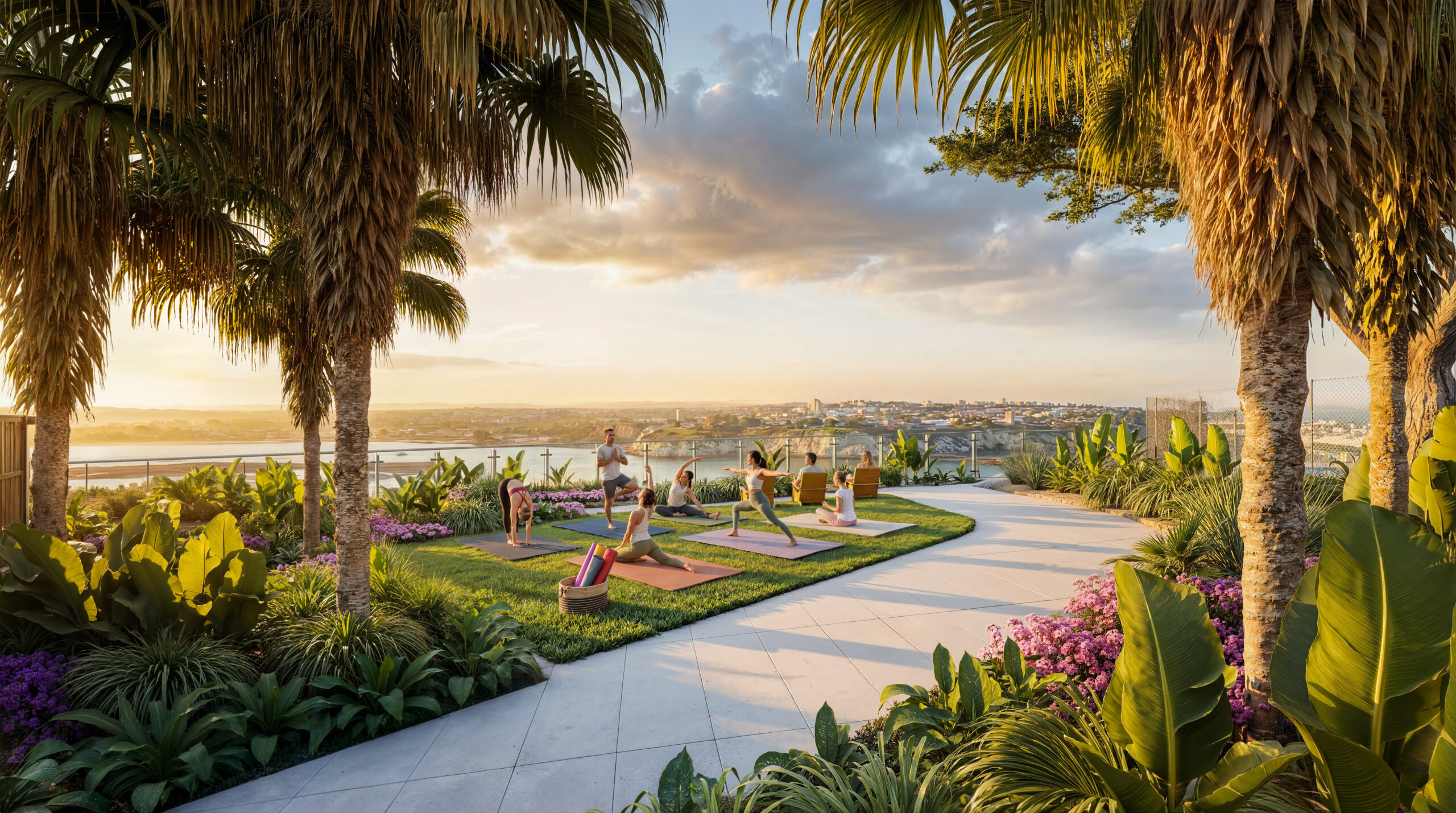 Outdoor yoga class on a landscaped lawn with palm trees and scenic water views at sunset.