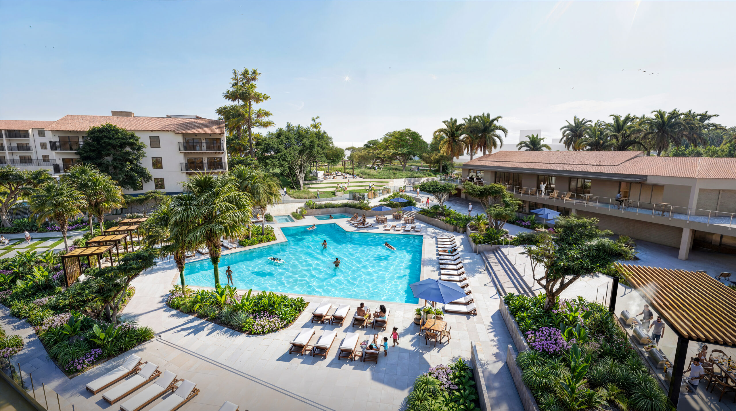 Architectural rendering of the Park Newport reimagined resort-style pool deck with residents swimming and lounging on chaise chairs, surrounded by tropical landscaping, palm trees, pergolas, and apartment buildings