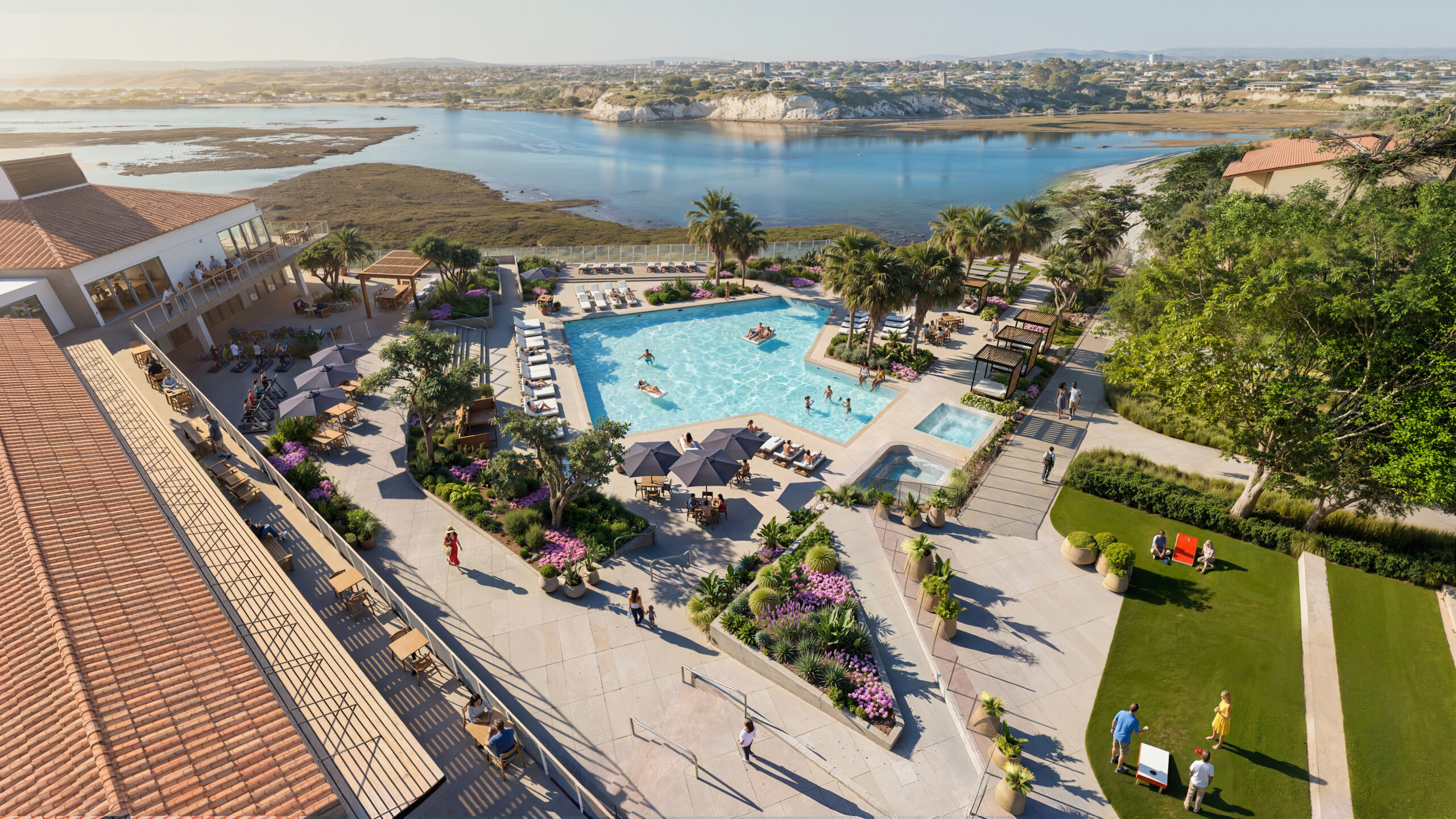 Architectural rendering of the Park Newport reimagined resort-style pool deck with residents swimming and lounging on chaise chairs, surrounded by tropical landscaping, palm trees, pergolas, and apartment buildings