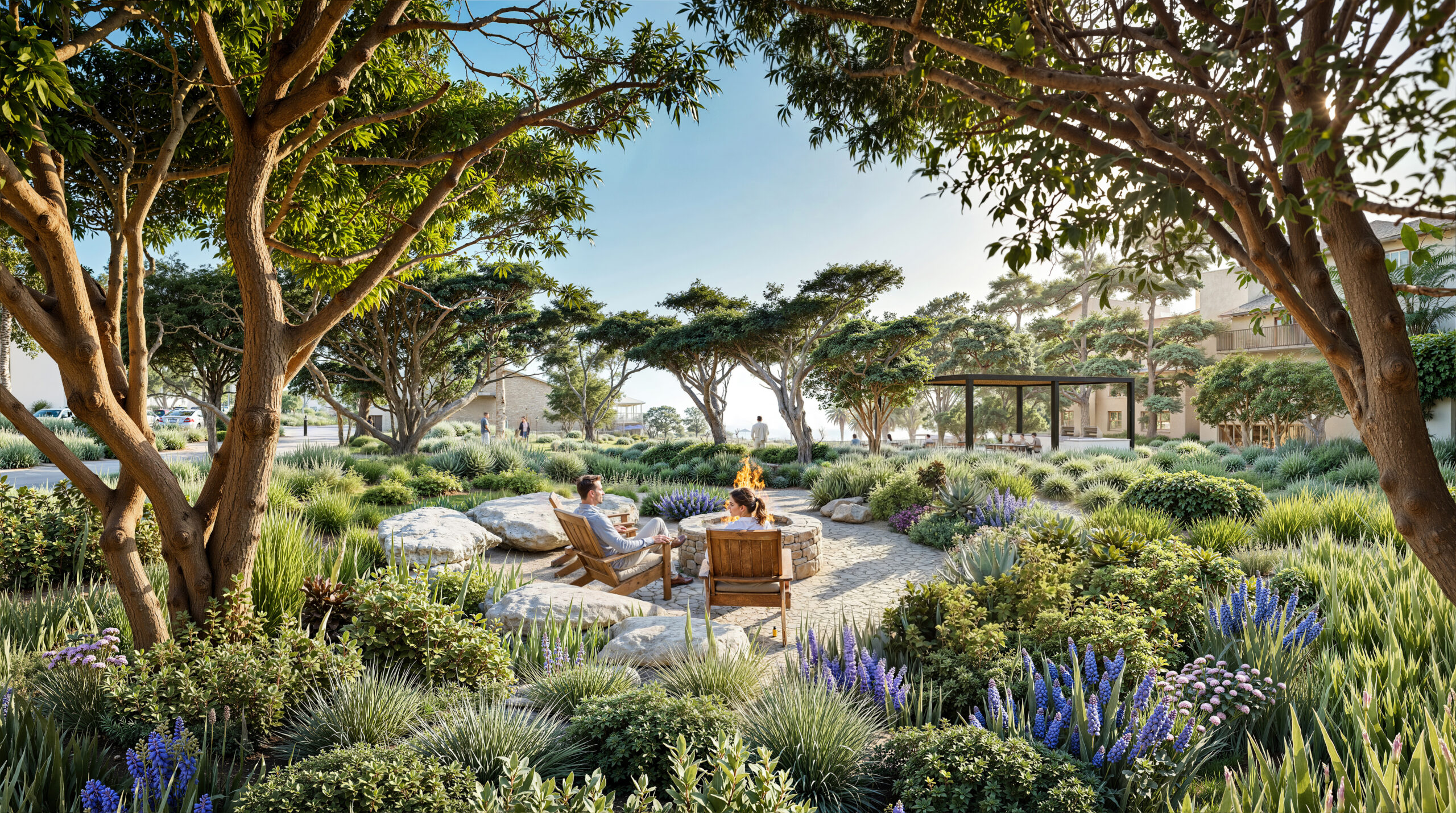 Architectural rendering of Park Newport's The Ramble outdoor seating area with residents relaxing around a fire pit nestled among lavender, ornamental grasses, and striking red-barked manzanita trees at golden hour
