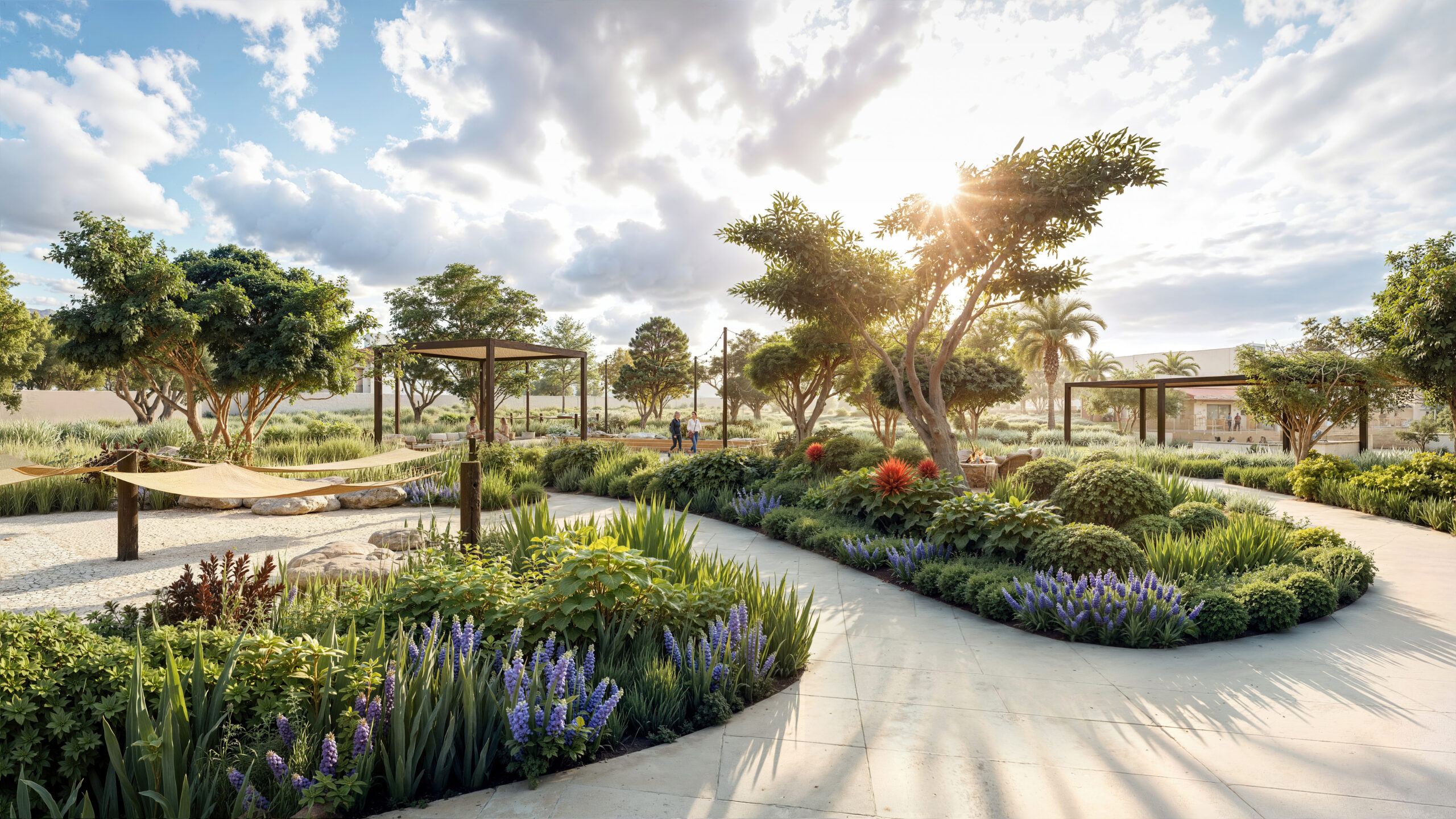 Architectural rendering of Park Newport's The Ramble outdoor seating area with residents relaxing around a fire pit nestled among lavender, ornamental grasses, and striking red-barked manzanita trees at golden hour