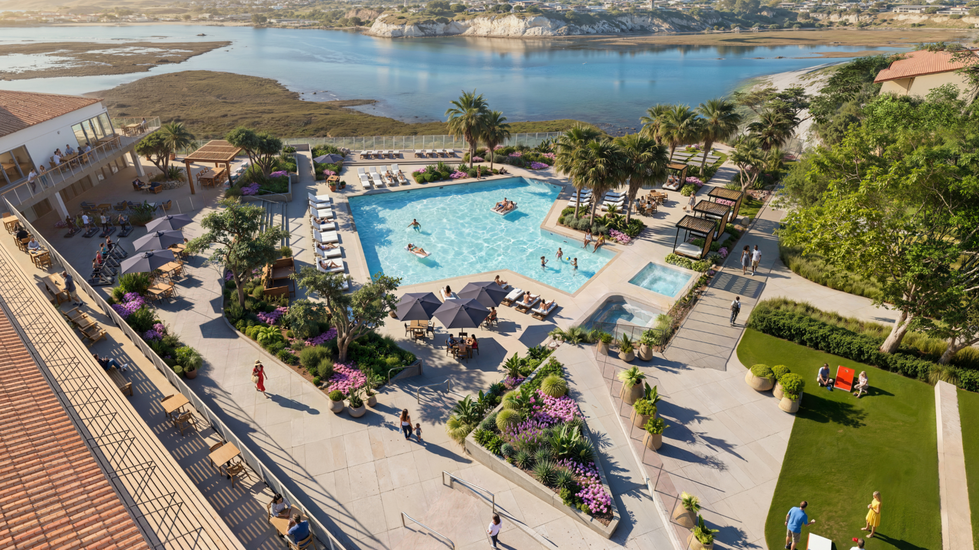 Architectural rendering of the Park Newport reimagined resort-style pool deck with residents swimming and lounging on chaise chairs, surrounded by tropical landscaping, palm trees, pergolas, and apartment buildings