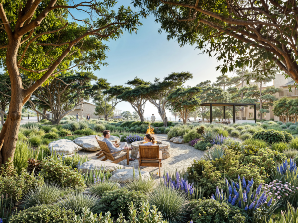 Architectural rendering of Park Newport's The Ramble outdoor seating area with residents relaxing around a fire pit nestled among lavender, ornamental grasses, and striking red-barked manzanita trees at golden hour