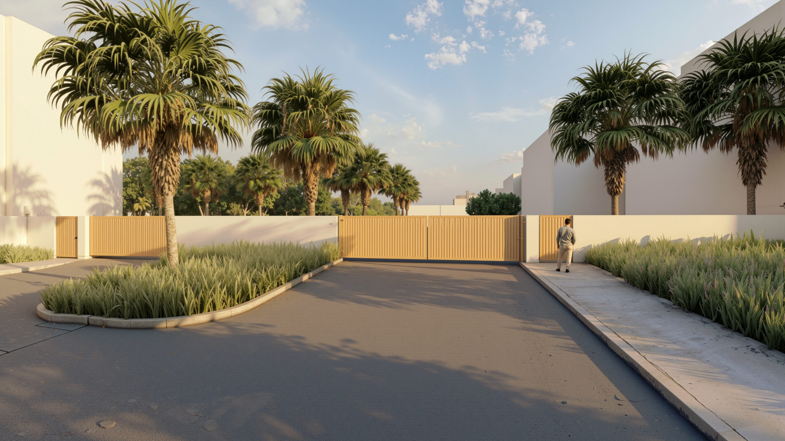 Architectural rendering of the Park Newport gated gatehouse entry with a wood-slatted security gate, white stucco walls, tall palm trees, and native ornamental grasses lining the driveway