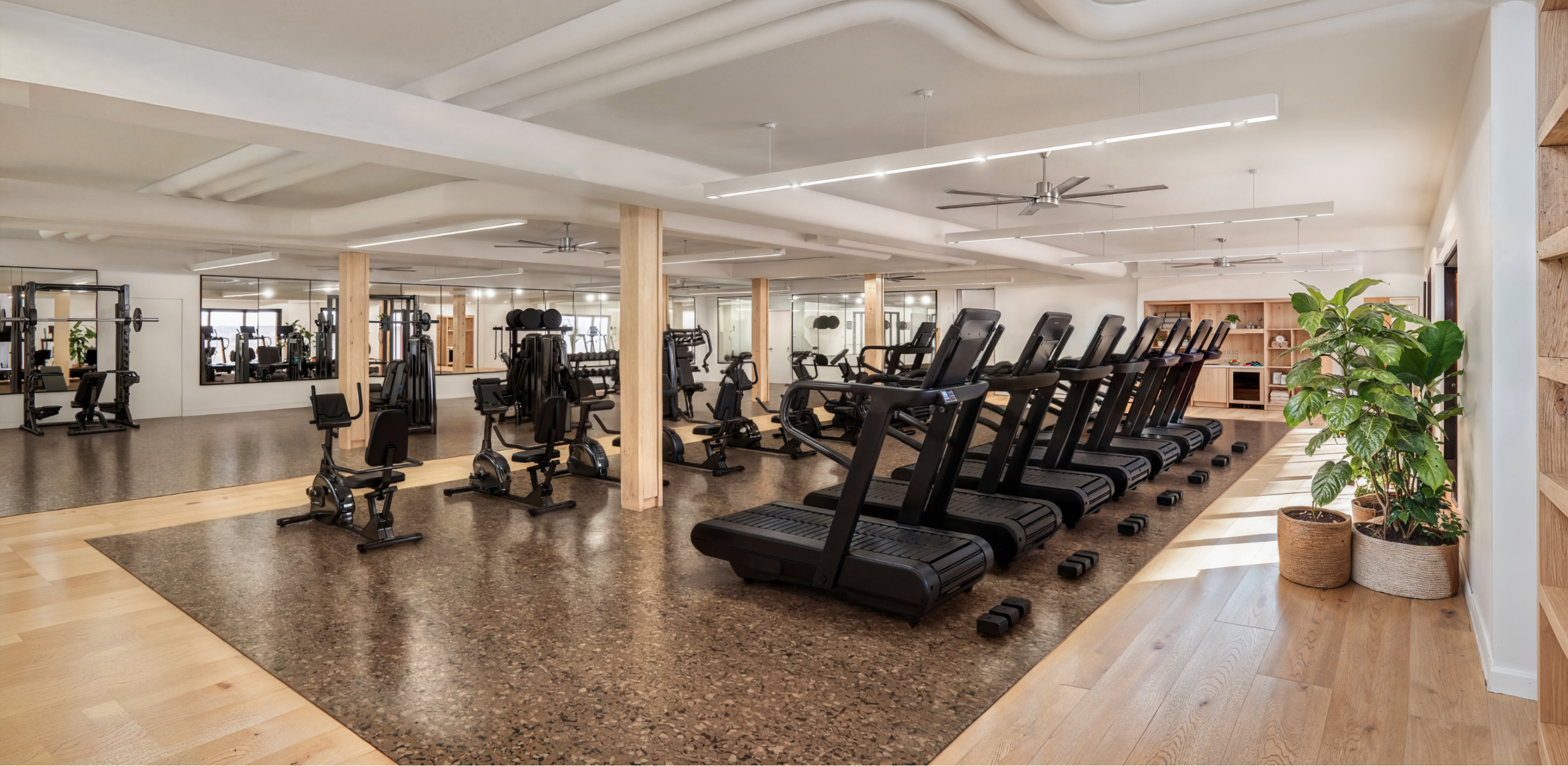Modern gym with treadmills, cardio machines, mirrored walls, and warm wood and stone finishes.