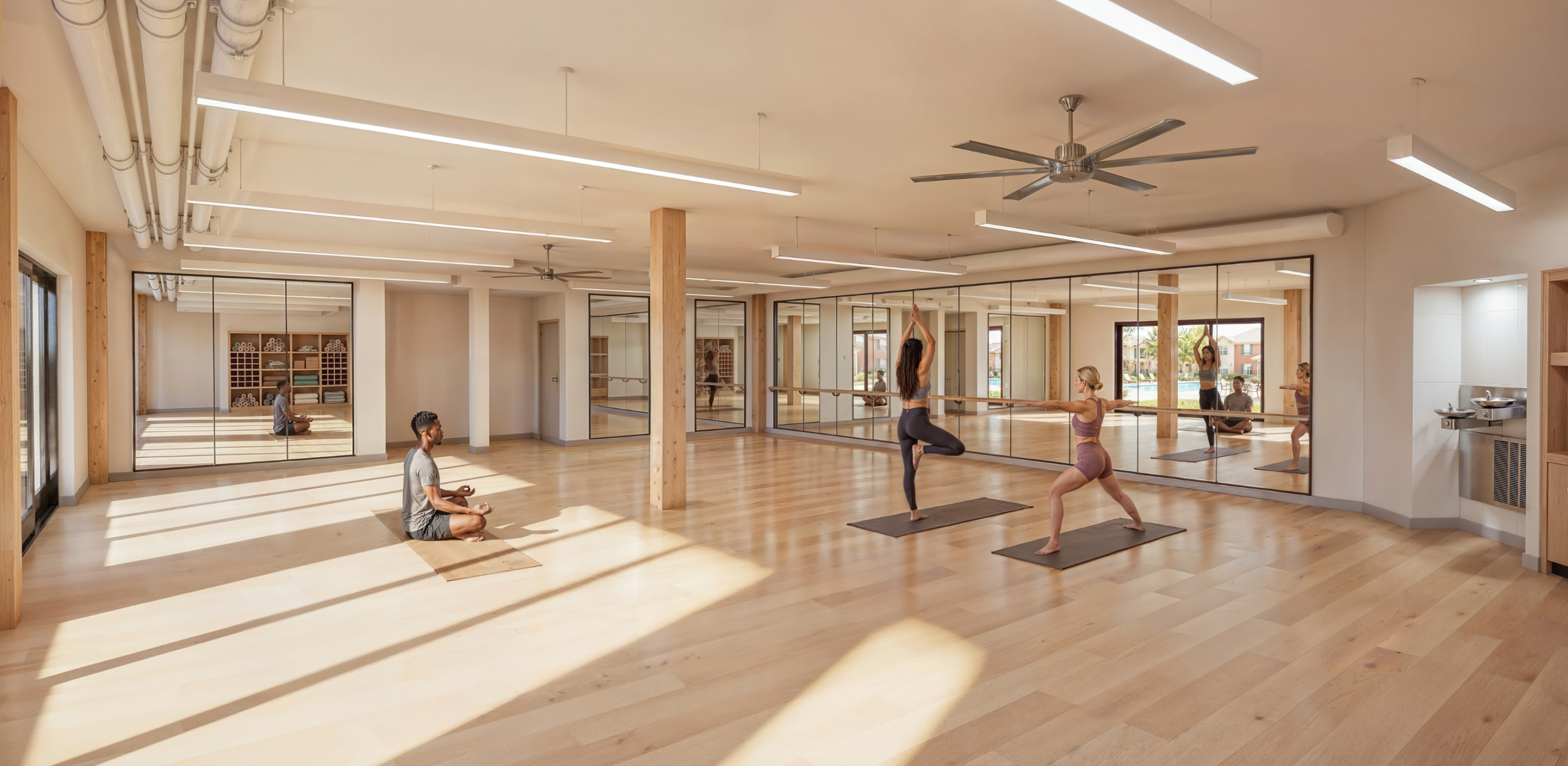 Bright yoga and wellness studio with wood floors, mirrored walls, and people practicing yoga.