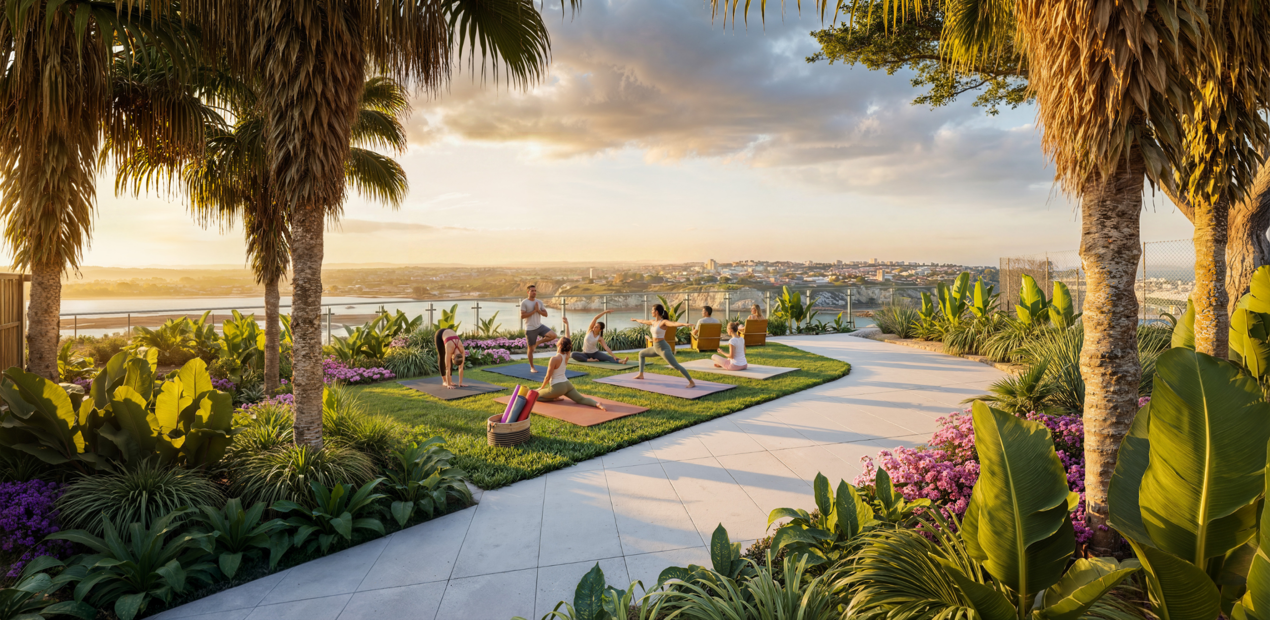 Outdoor yoga class on a landscaped lawn with palm trees and scenic water views at sunset.