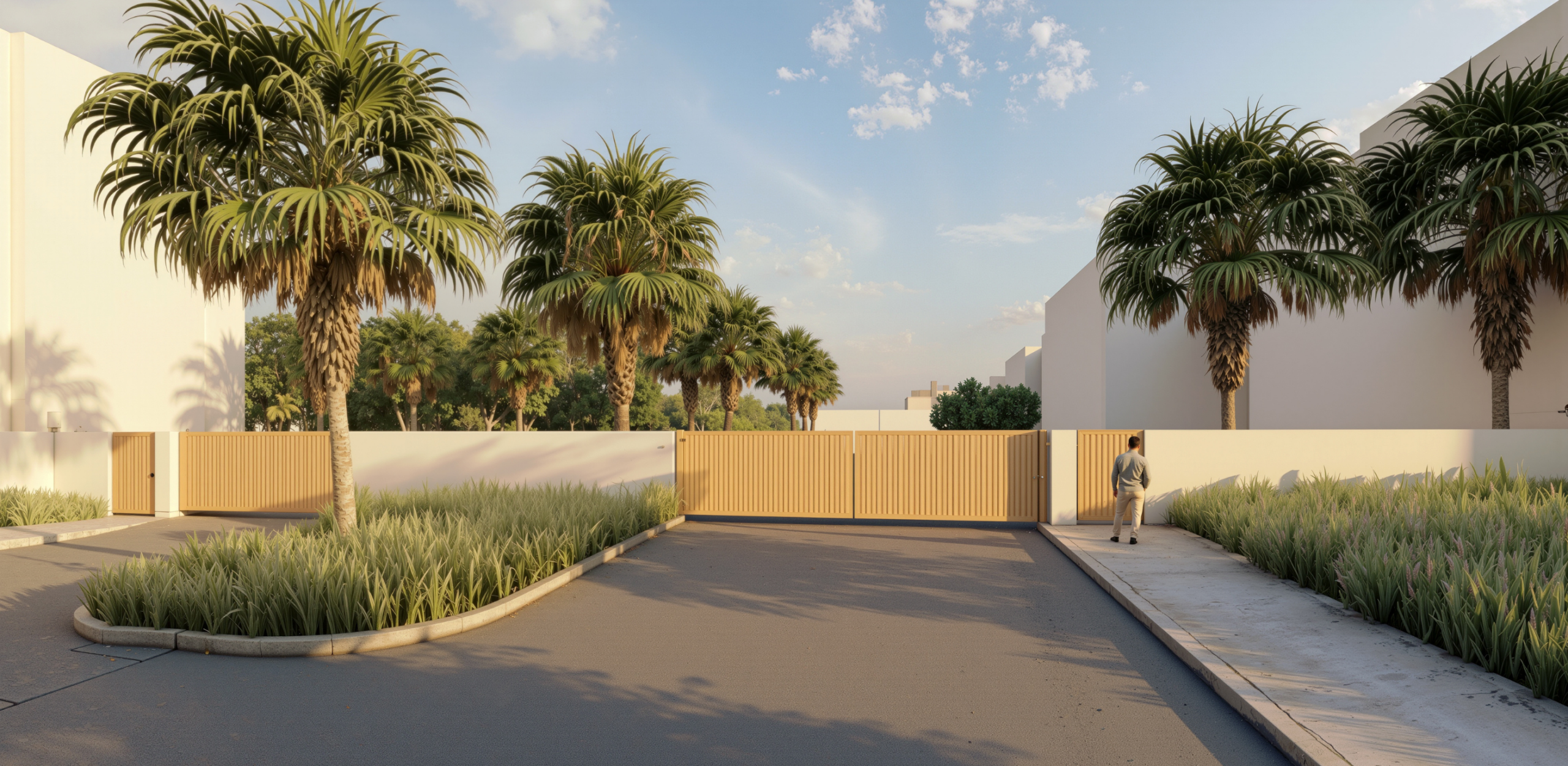 Architectural rendering of the Park Newport gated gatehouse entry with a wood-slatted security gate, white stucco walls, tall palm trees, and native ornamental grasses lining the driveway