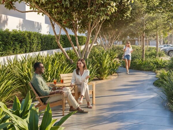 Residents relax on a bench along a landscaped garden walkway lined with trees and greenery in a residential community.