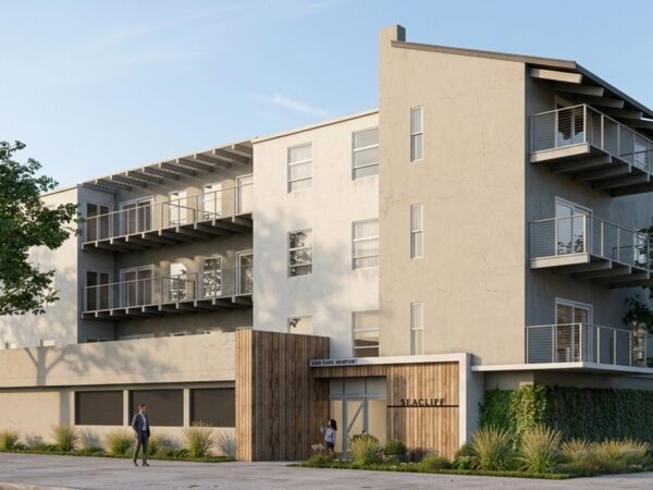 Architectural rendering of the Park Newport Seacliff residence building exterior featuring a modern multi-story facade with private balconies, a wood-paneled entry, lush landscaping, and street-level garage parking