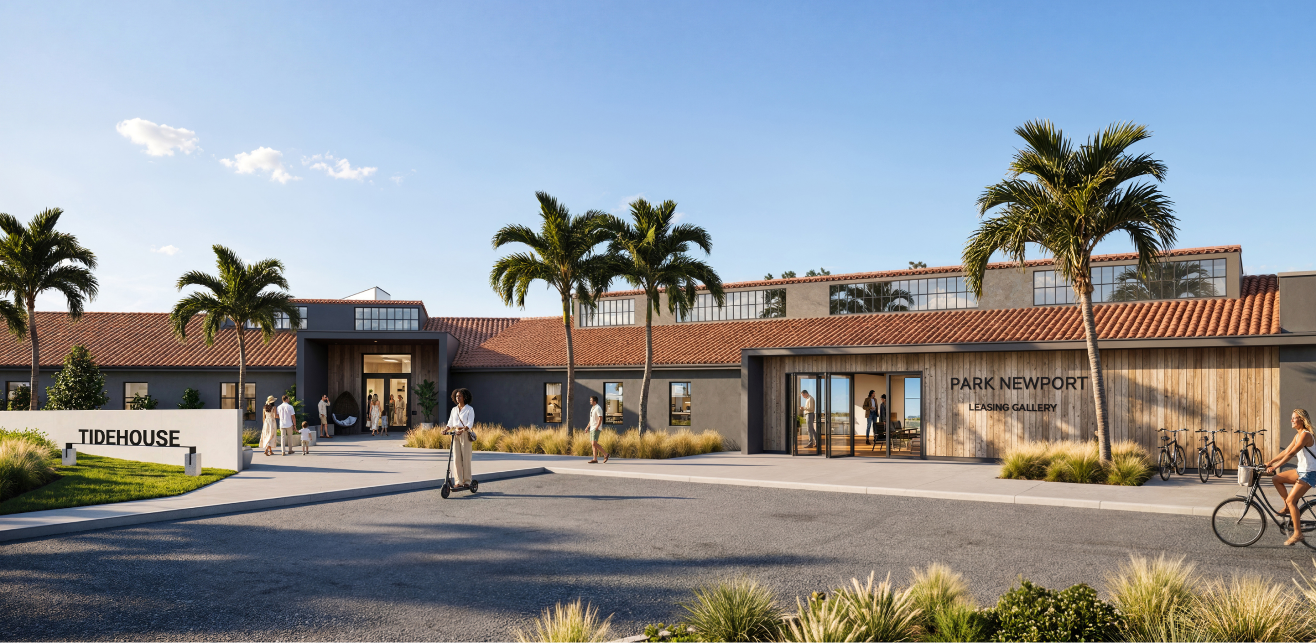 Architectural rendering of the Park Newport Leasing Gallery and Park Club exterior featuring a wood-paneled facade, terracotta roofline, tall palm trees, and residents walking and biking out front