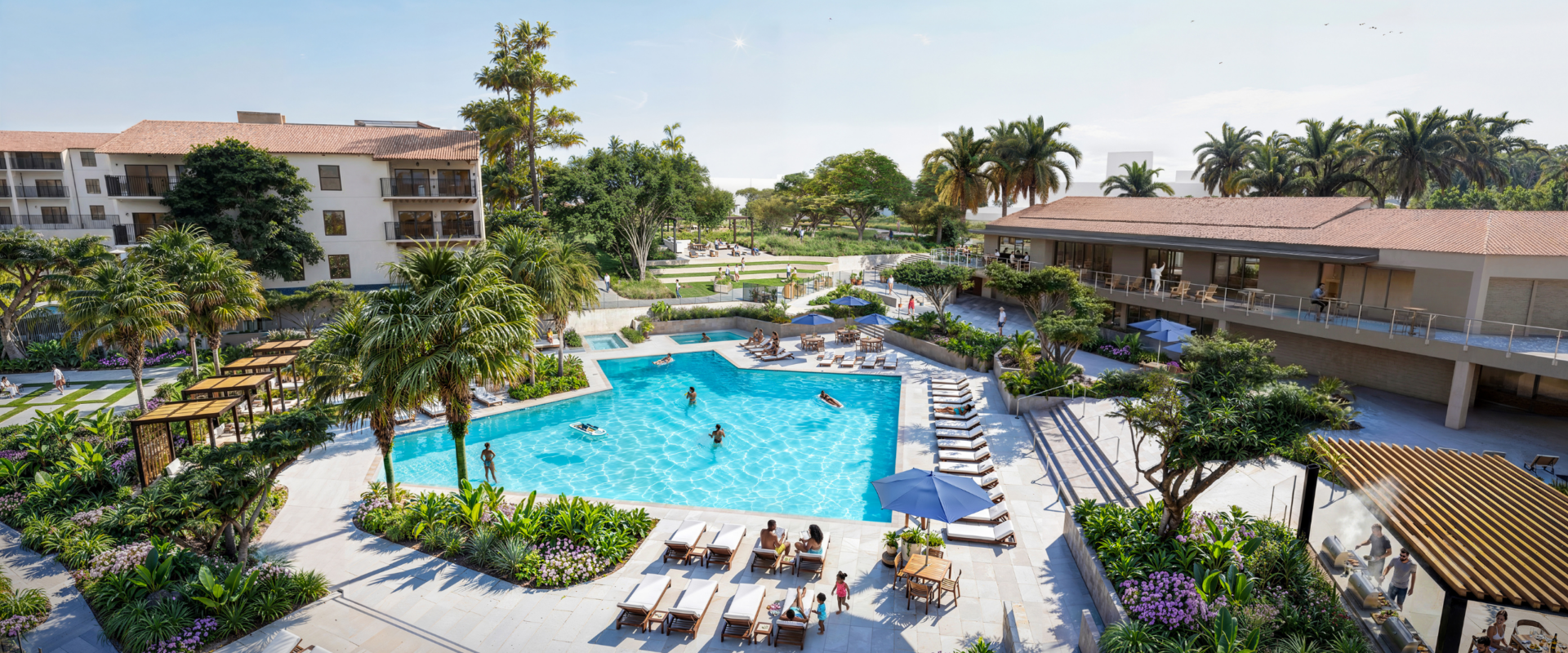 Architectural rendering of the Park Newport reimagined resort-style pool deck with residents swimming and lounging on chaise chairs, surrounded by tropical landscaping, palm trees, pergolas, and apartment buildings