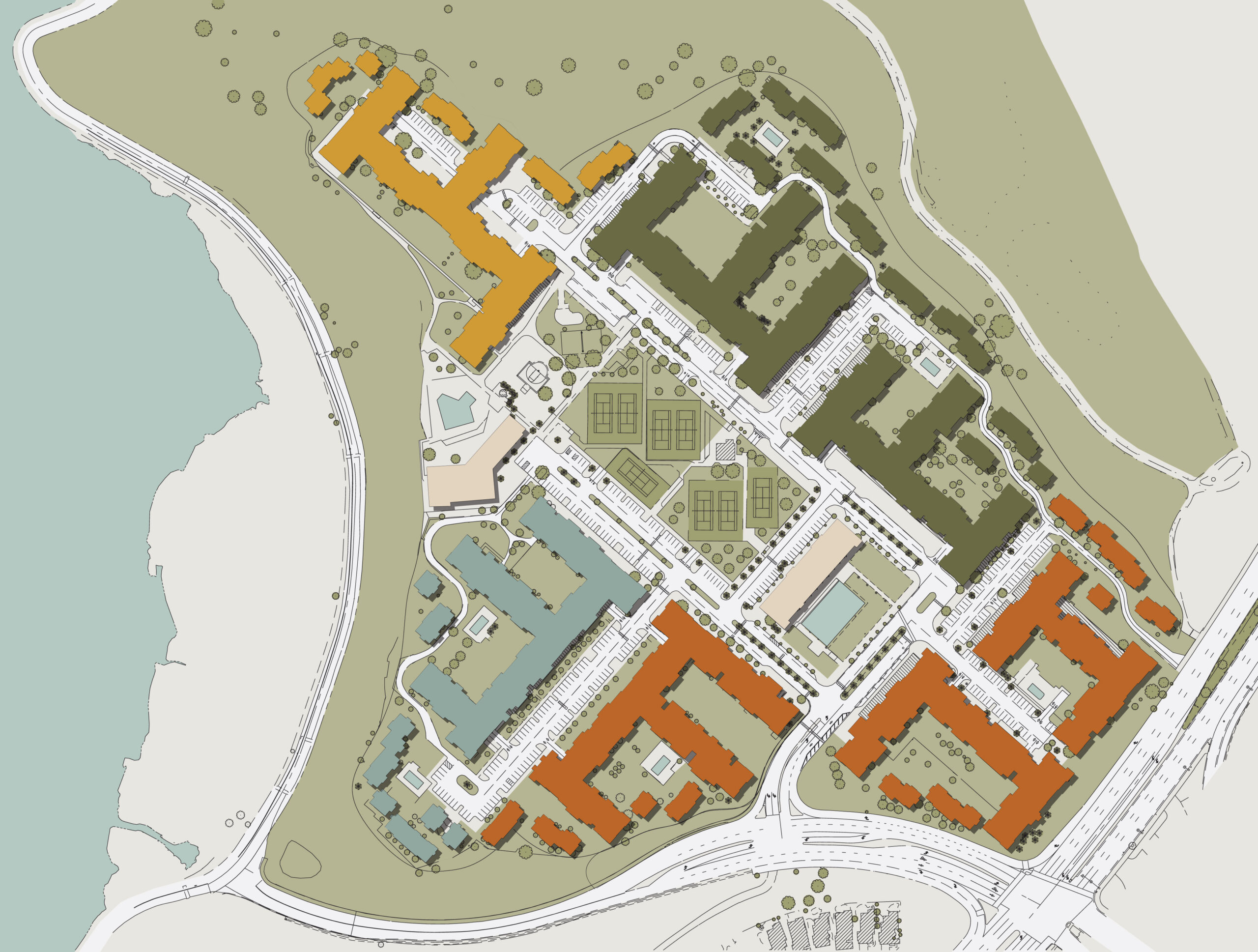 Illustrated site plan of a waterfront residential community showing multiple buildings, landscaped courtyards, tennis courts, promenade areas, pools, and labeled amenities.