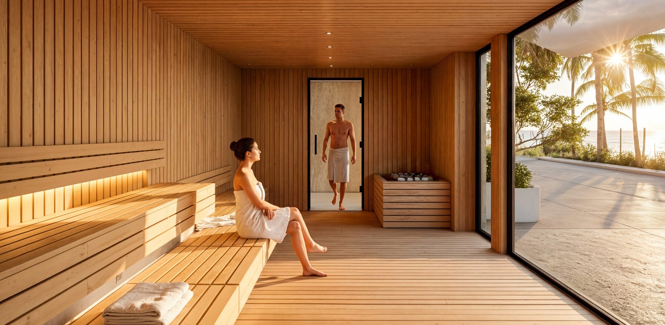 Wood-lined sauna with bench seating and large window overlooking palm trees and the ocean at sunset.