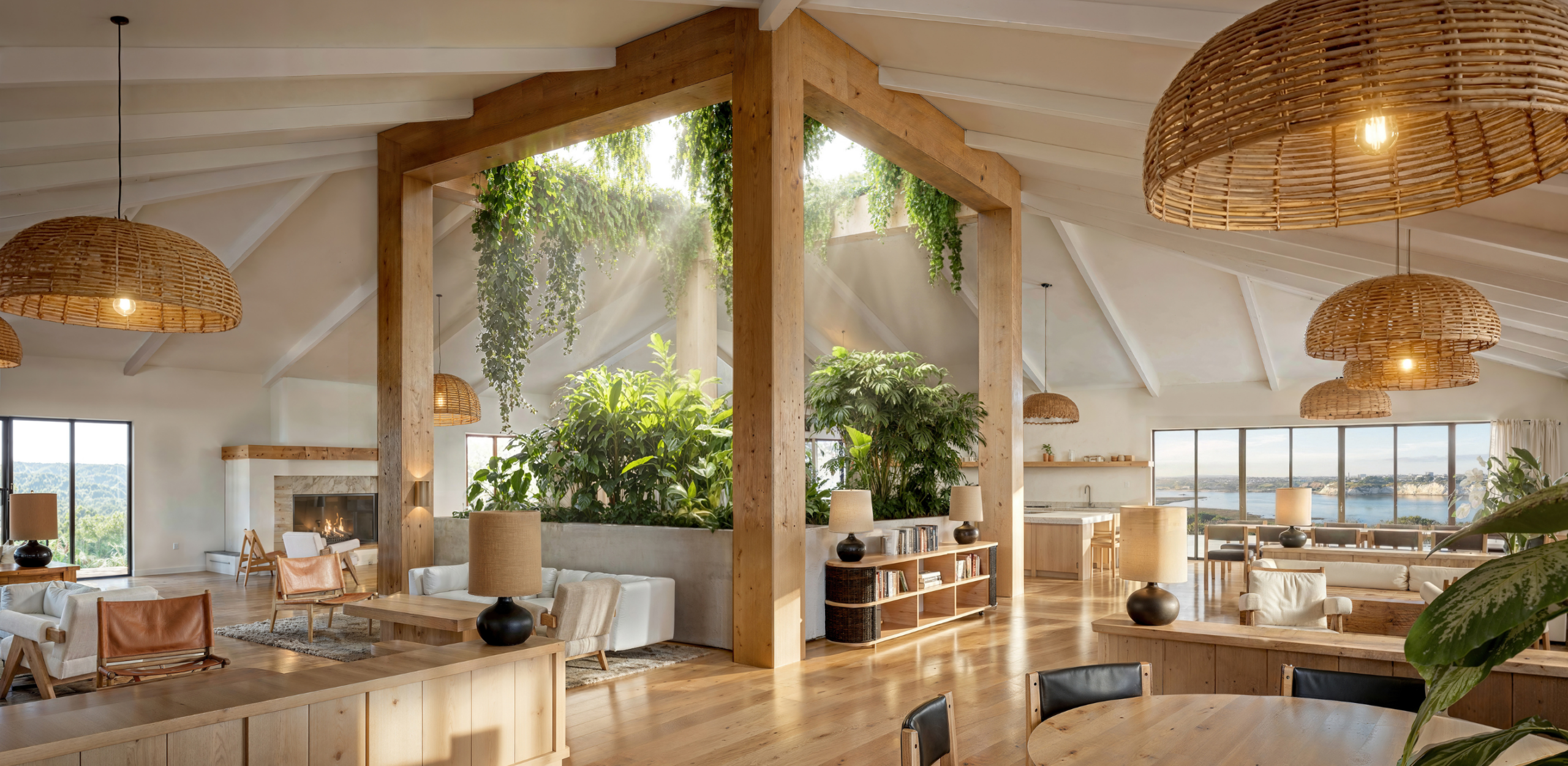 Park Newport reimagined clubhouse interior featuring vaulted wood beam ceilings, lush tropical greenery, woven rattan pendant lights, and open-plan lounge and dining spaces.
