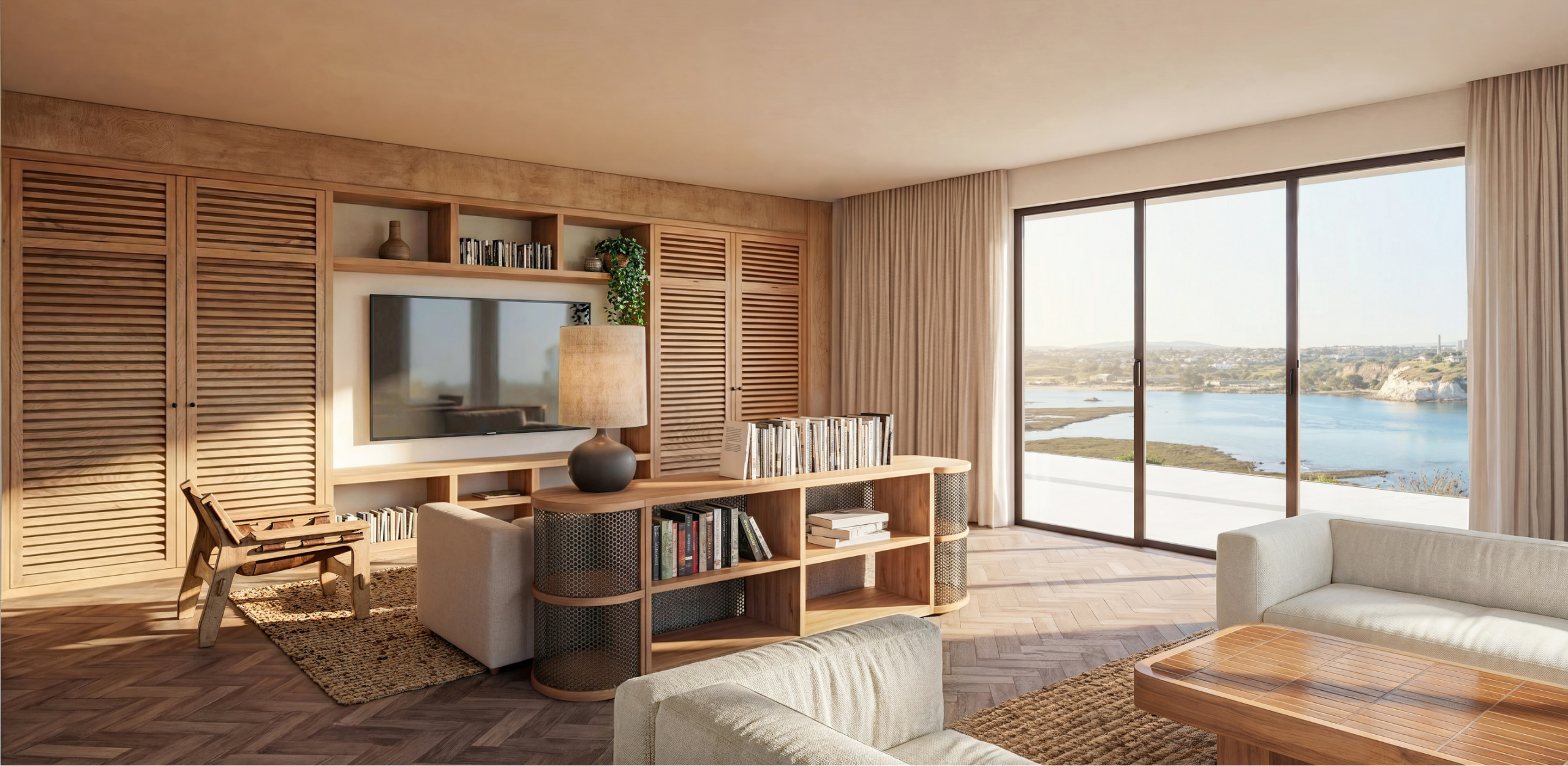 Modern lounge with wood cabinetry, built-in shelving, seating area, and large sliding doors overlooking coastal water views.