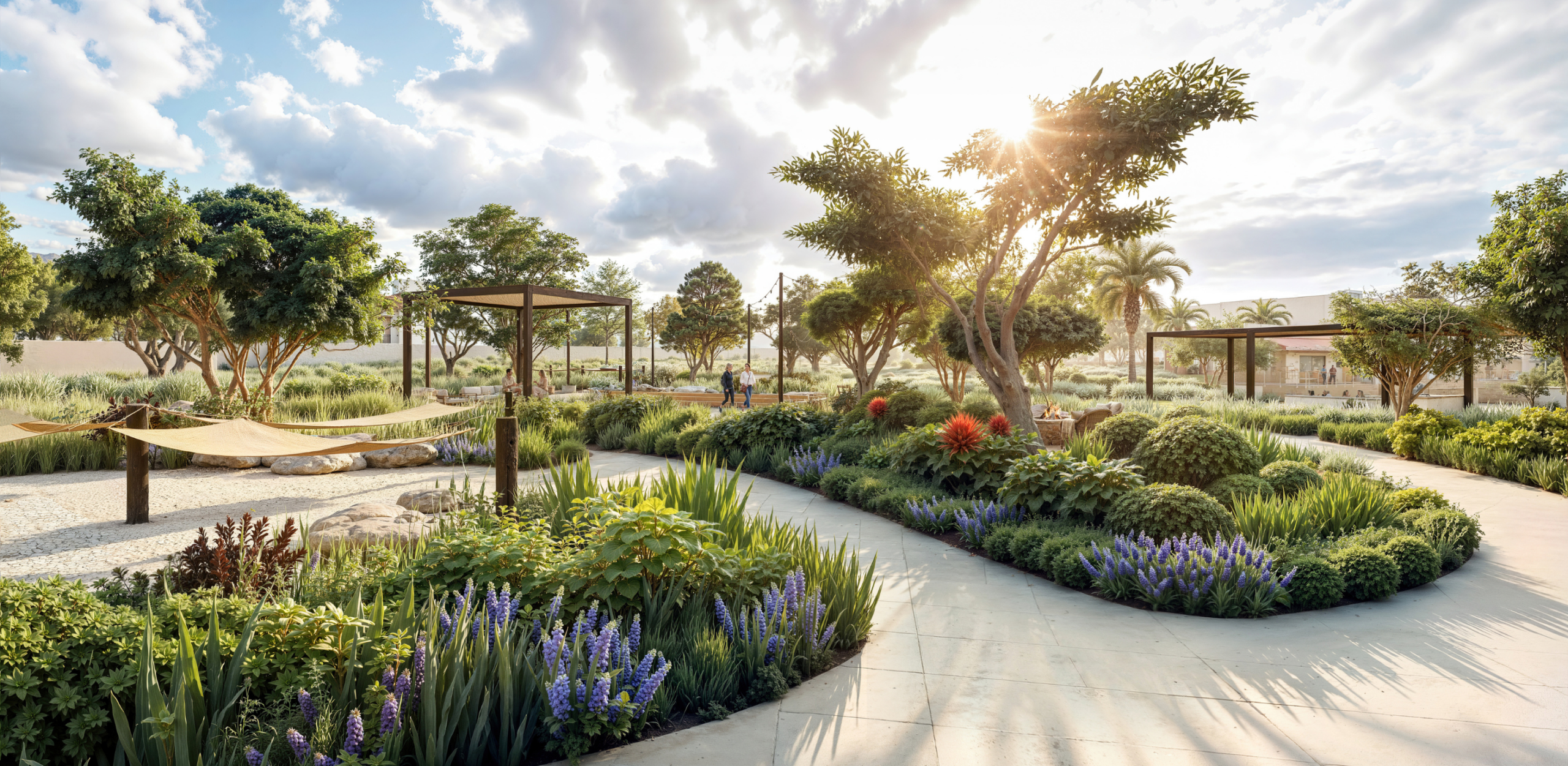 Architectural rendering of Park Newport's The Ramble outdoor seating area with residents relaxing around a fire pit nestled among lavender, ornamental grasses, and striking red-barked manzanita trees at golden hour