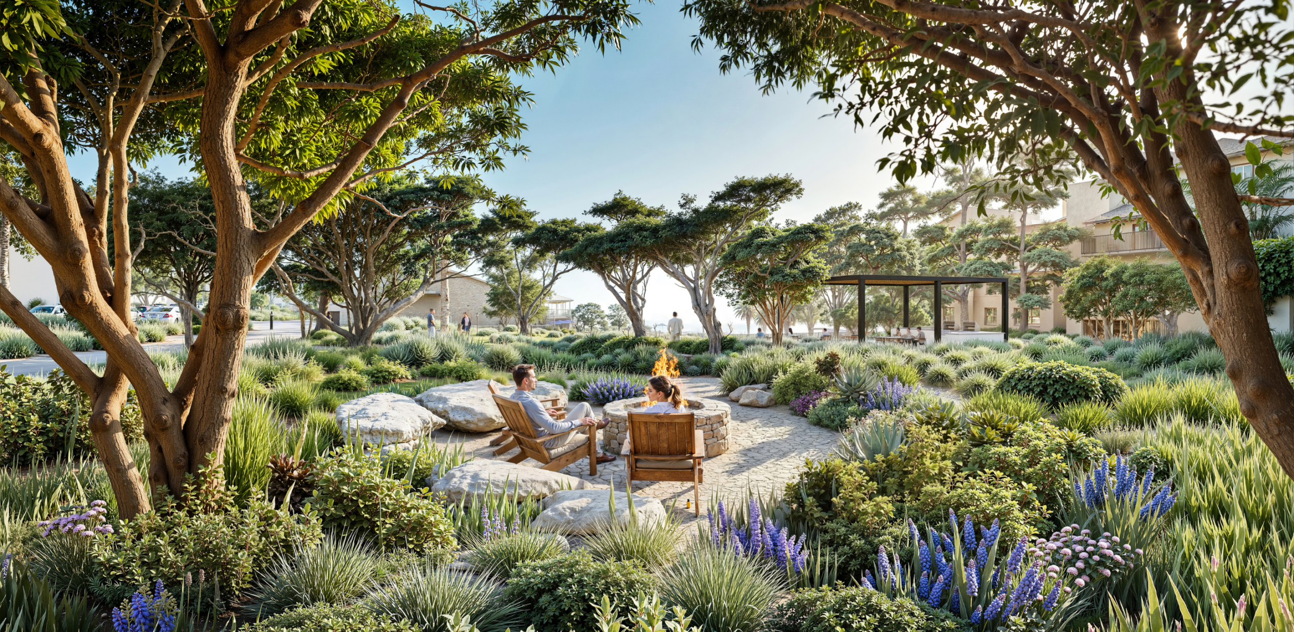 Architectural rendering of Park Newport's The Ramble outdoor seating area with residents relaxing around a fire pit nestled among lavender, ornamental grasses, and striking red-barked manzanita trees at golden hour