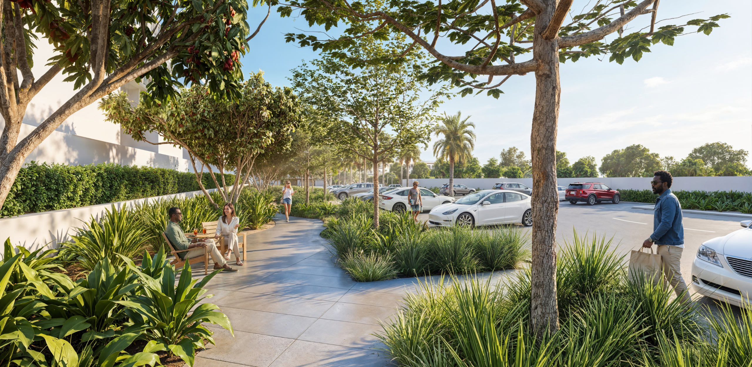 Residents relax on a bench along a landscaped garden walkway lined with trees and greenery in a residential community.