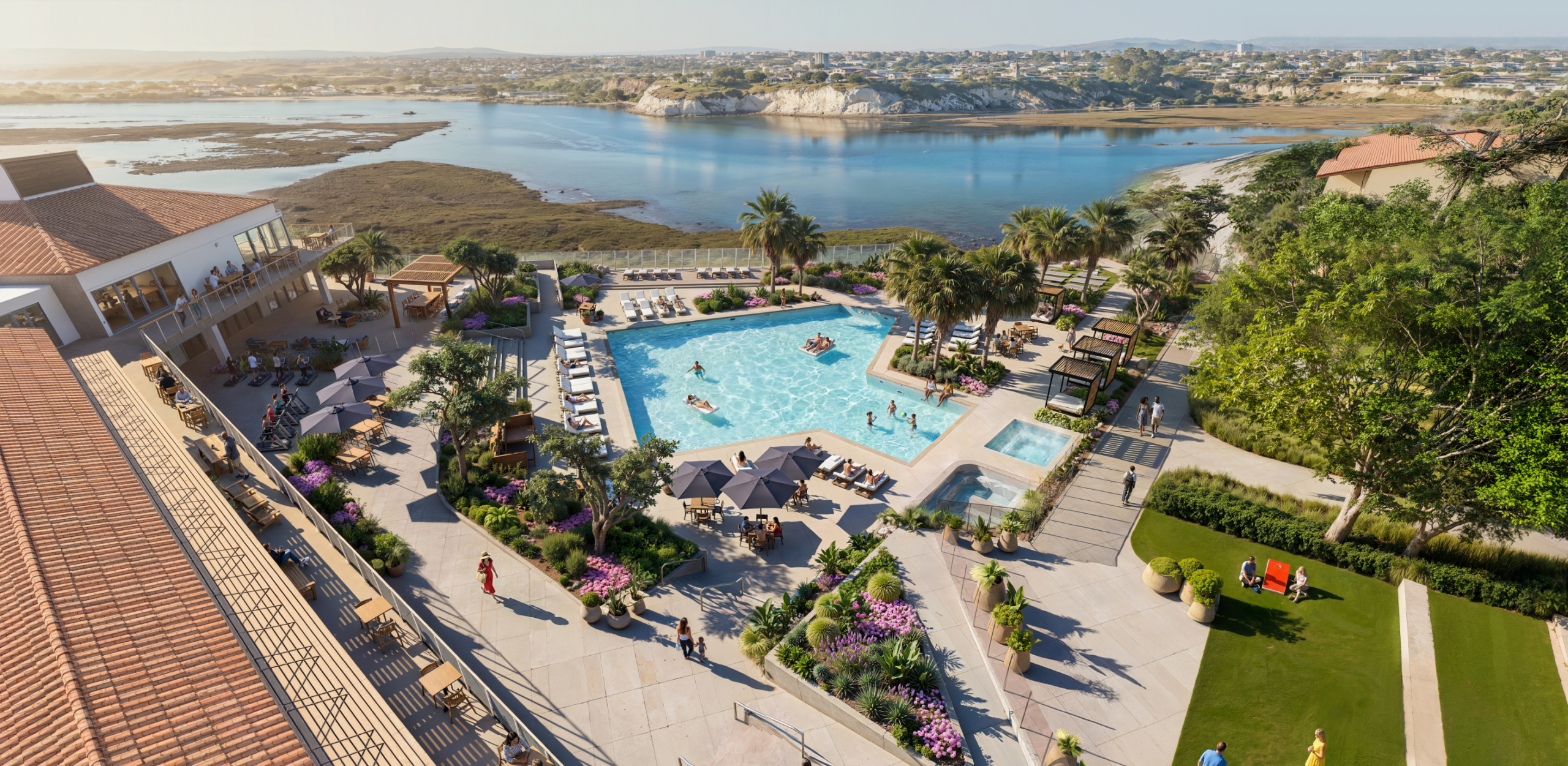 Architectural rendering of the Park Newport reimagined resort-style pool deck with residents swimming and lounging on chaise chairs, surrounded by tropical landscaping, palm trees, pergolas, and apartment buildings