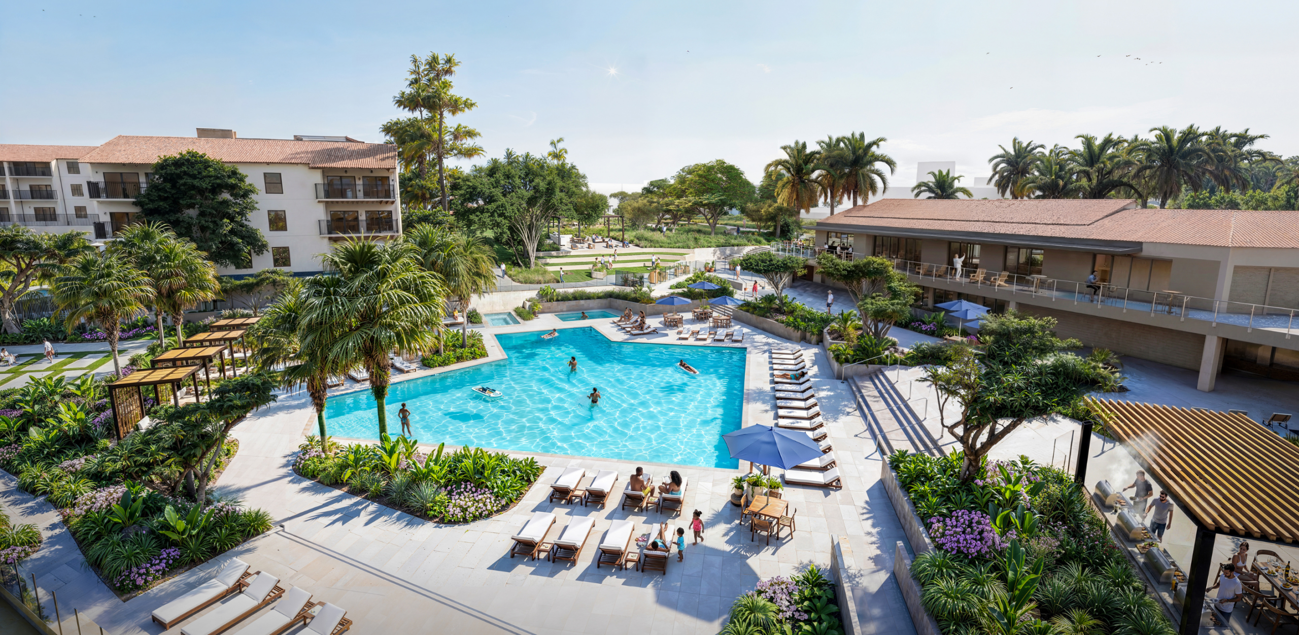 Architectural rendering of the Park Newport reimagined resort-style pool deck with residents swimming and lounging on chaise chairs, surrounded by tropical landscaping, palm trees, pergolas, and apartment buildings