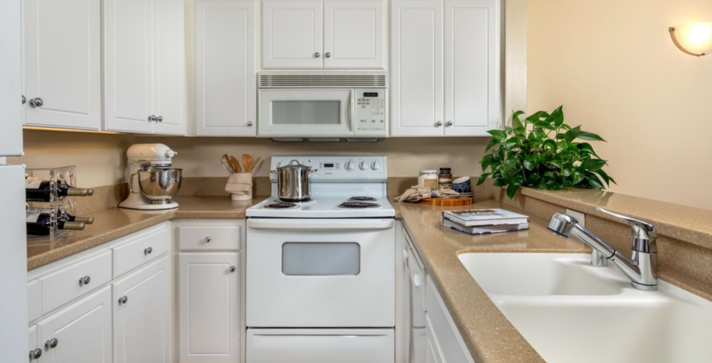 Bright white kitchen with white cabinetry and appliances, beige countertops, a double sink, and a green potted plant.